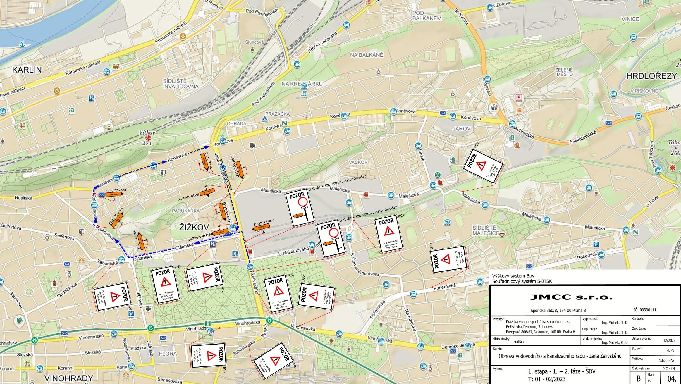 Mapa s vyznačením objízdných tras pro 1. etapu rekonstrukce