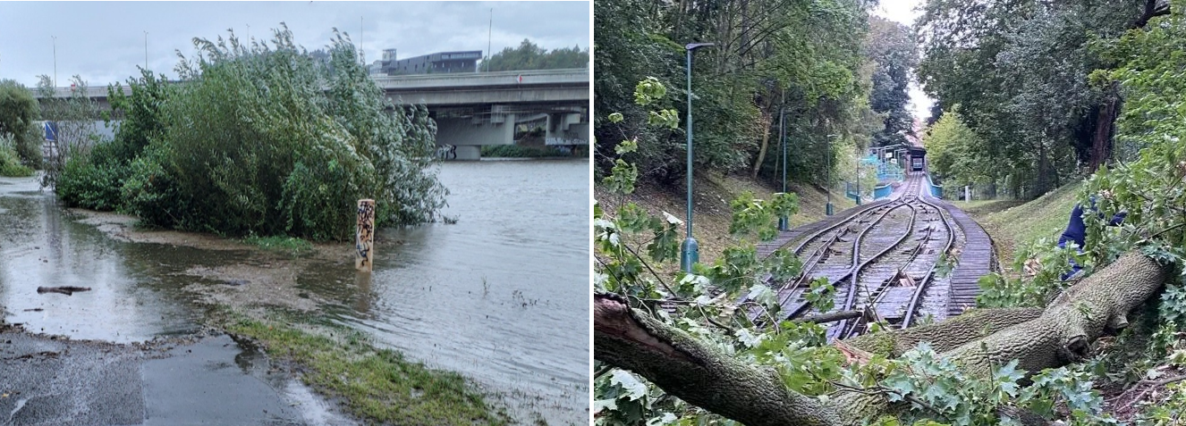 Vltava v Braníku a spadlé stromy na trať lanovky na Petřín