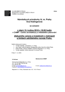 Diskuzní večer o investicích v metropoli a limitech udržitelného rozvoje Prahy