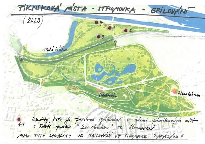 Pikniková místa s pevným grilem v Královské oboře Stromovka, 2023, or.mapka