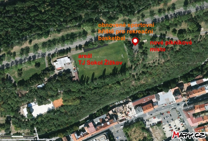 mapa okolí opraveného sport. hřiště pro rekreační basketbal v parku na vrchu Vítkově