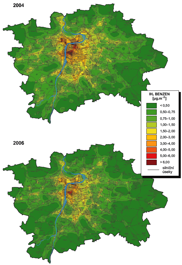 Obr. Benzen – vývoj průměrných ročních koncentrací, 2004, 2006 