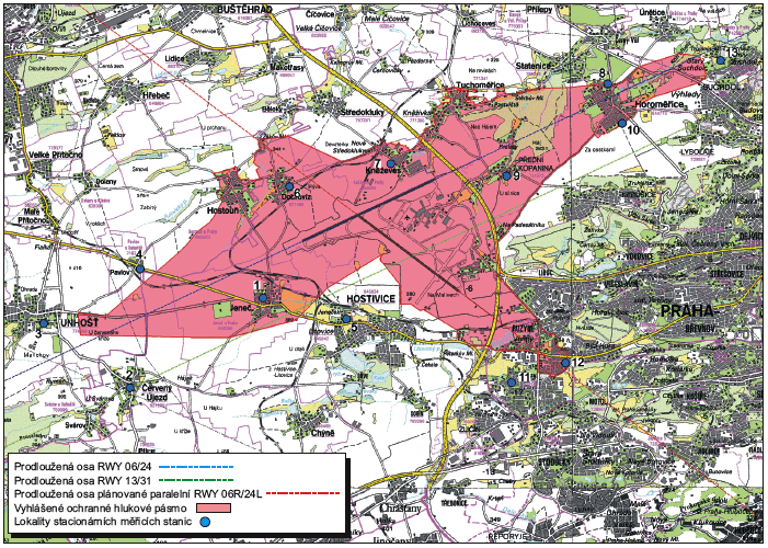 Obr. Ochranné hlukové pásmo letiště Praha - Ruzyně s umístěním stacionárních měřících stanic