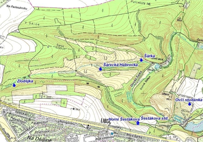 mapa okolí studánky - studánka Šárecká Habrůvka, 650 pxl.