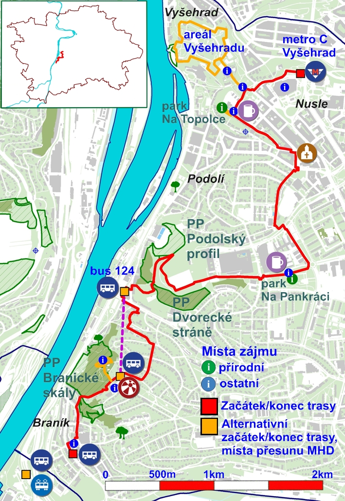trasa č.7 - Vyšehrad - Braník, orientační mapa (720pxl)