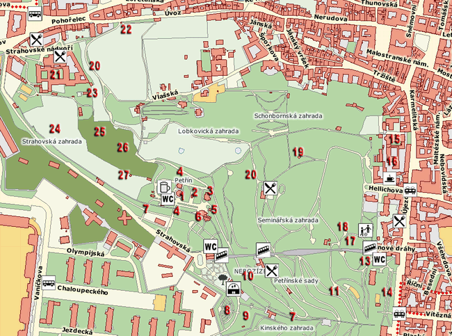 komplex zahrad vrchu Petřín, orientační mapa