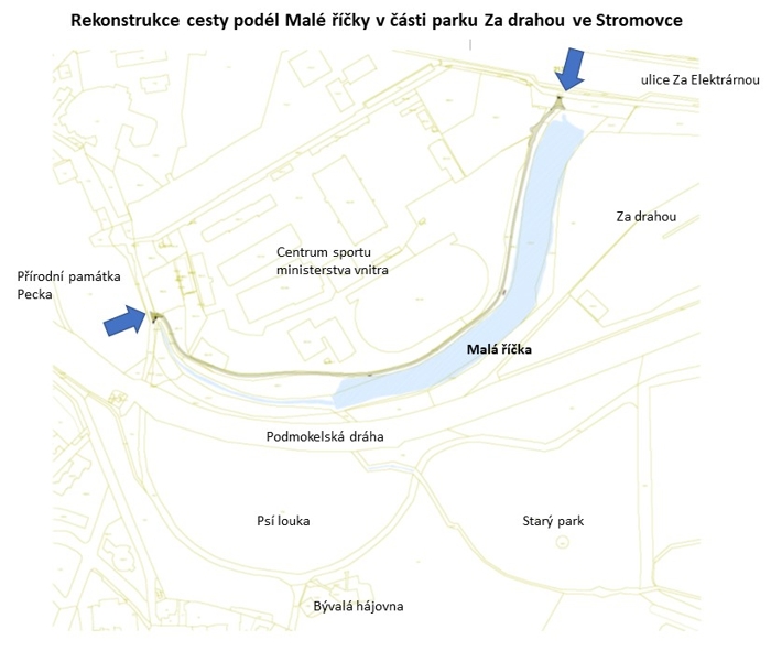 Rekonstrukce cesty podél Malé říčky v části parku Za drahou ve Stromovce, or.mapka