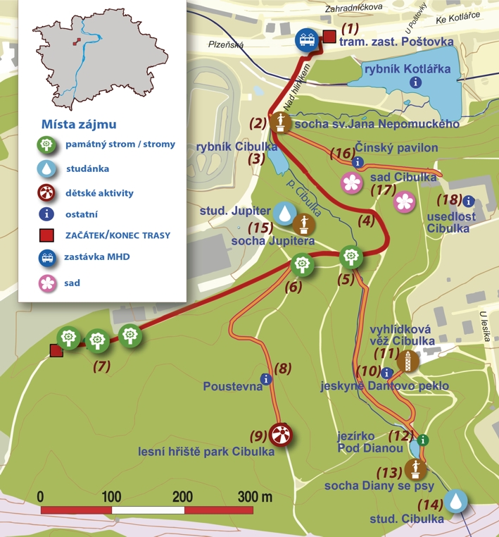 trasa č.14 - Vycházková trasa Po Lesoparku Cibulka, v.2022, orientační mapa (720pxl)